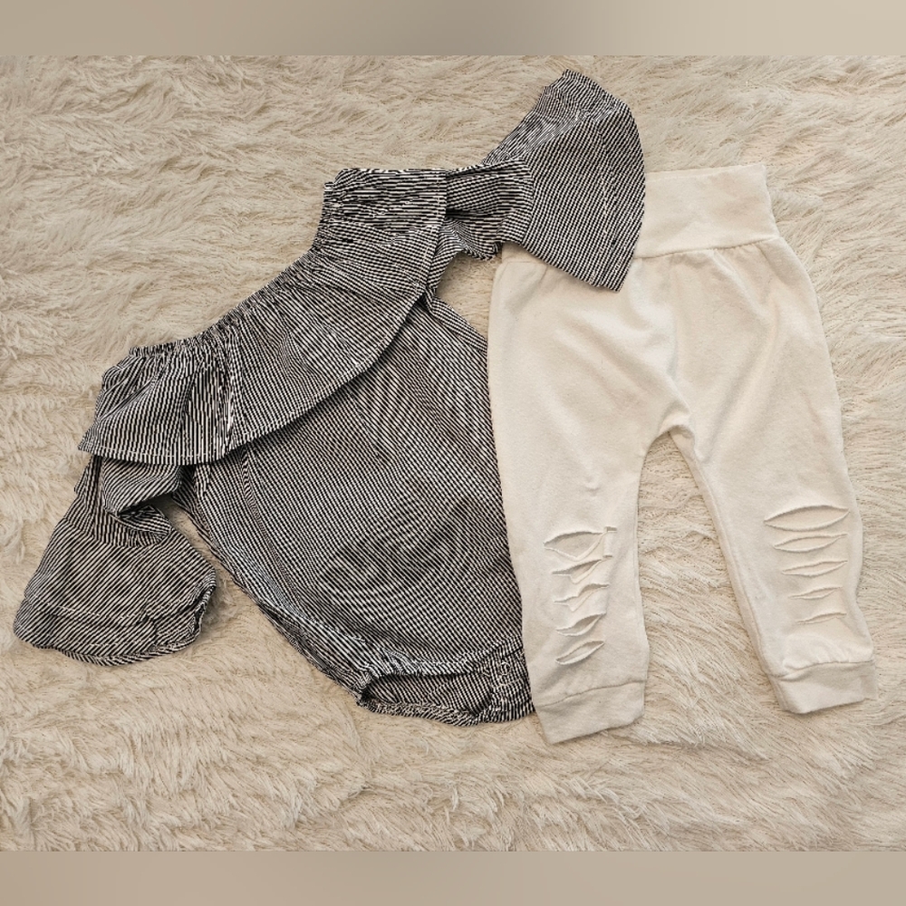 Boutique Trendy Striped Ruffle Bell-Sleeve Onsie with Distressed White Leggings